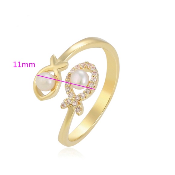 Fish Ring Adjustable Ring 14k Gold Plated CZ Stone - Picture 2 of 9